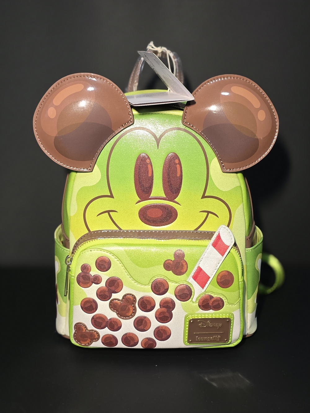 Loungefly Green Mickey Bubble Tea Kids Mini Backpack with Brown Ears